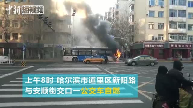 哈尔滨一公交车行驶途中自燃 幸无伤亡
